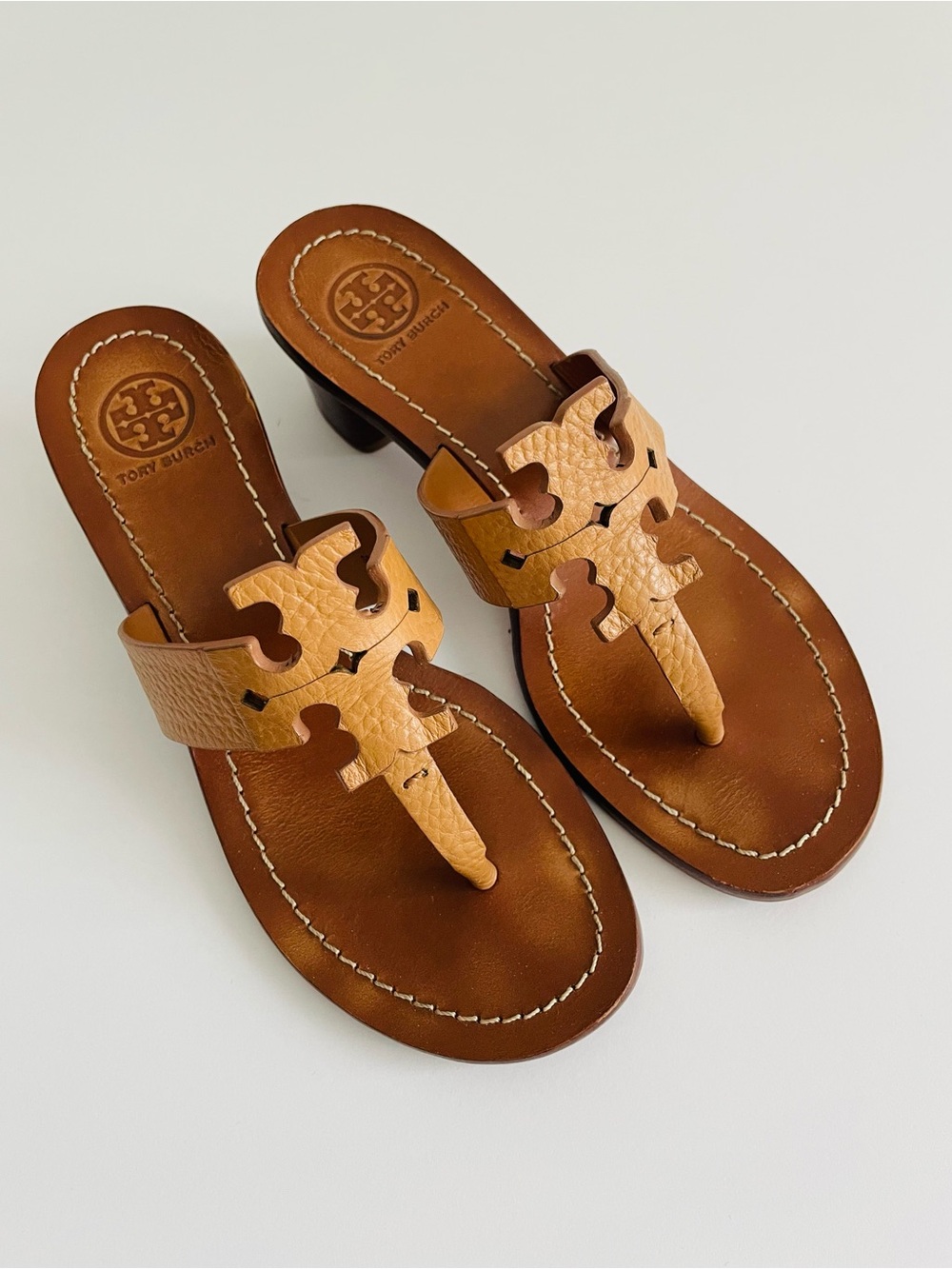 Tory Burch Tan Leather Logo Thong Sandals